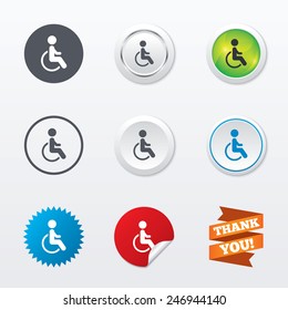 Disabled sign icon. Human on wheelchair symbol. Handicapped invalid sign. Circle concept buttons. Metal edging. Star and label sticker. Vector