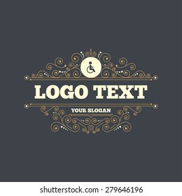Disabled sign icon. Human on wheelchair symbol. Handicapped invalid sign. Flourishes calligraphic ornament. Vector