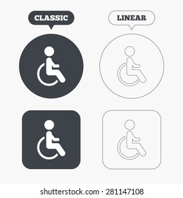 Disabled sign icon. Human on wheelchair symbol. Handicapped invalid sign. Classic and line web buttons. Circles and squares. Vector