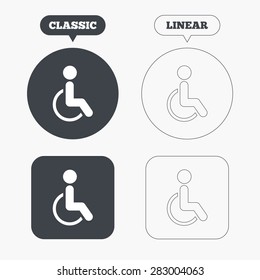 Disabled sign icon. Human on wheelchair symbol. Handicapped invalid sign. Classic and line web buttons. Circles and squares. Vector