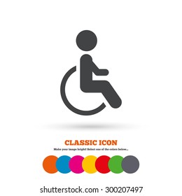 Disabled sign icon. Human on wheelchair symbol. Handicapped invalid sign. Classic flat icon. Colored circles. Vector