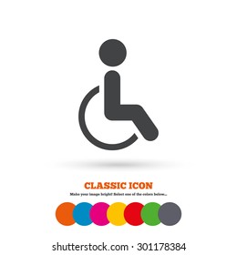 Disabled sign icon. Human on wheelchair symbol. Handicapped invalid sign. Classic flat icon. Colored circles. Vector