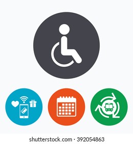 Disabled sign icon. Human on wheelchair symbol. Handicapped invalid sign. Mobile payments, calendar and wifi icons. Bus shuttle.