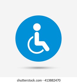 Disabled sign icon. Human on wheelchair symbol. Handicapped invalid sign. Blue circle button with icon. Vector