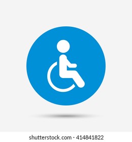 Disabled sign icon. Human on wheelchair symbol. Handicapped invalid sign. Blue circle button with icon. Vector