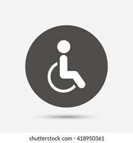 Disabled sign icon. Human on wheelchair symbol. Handicapped invalid sign. Gray circle button with icon. Vector