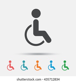 Disabled sign icon. Human on wheelchair symbol. Handicapped invalid sign. Graphic element on white background. Colour clean flat invalid icons. Vector