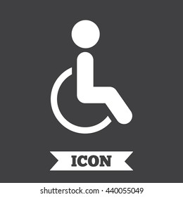 Disabled sign icon. Human on wheelchair symbol. Handicapped invalid sign. Graphic design element. Flat invalid symbol on dark background. Vector