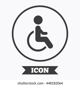 Disabled sign icon. Human on wheelchair symbol. Handicapped invalid sign. Graphic design element. Flat symbol in circle button. Vector