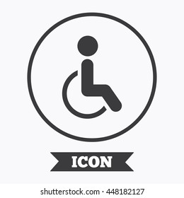 Disabled sign icon. Human on wheelchair symbol. Handicapped invalid sign. Graphic design element. Flat symbol in circle button. Vector