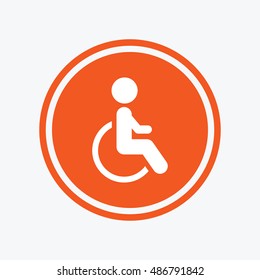 Disabled sign icon. Human on wheelchair symbol. Handicapped invalid sign. Graphic design element. Flat disabled symbol on the round button. Vector