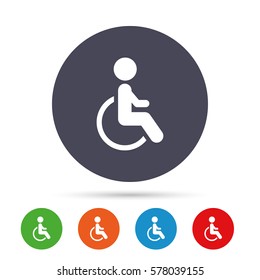 Disabled sign icon. Human on wheelchair symbol. Handicapped invalid sign. Round colourful buttons with flat icons. Vector