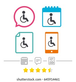 Disabled sign icon. Human on wheelchair symbol. Handicapped invalid sign. Calendar, chat speech bubble and report linear icons. Star vote ranking. Vector