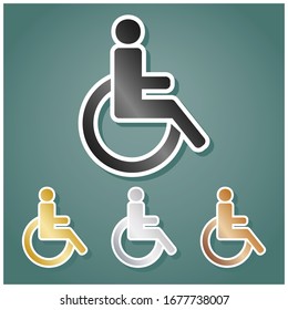 Disabled sign illustration. Set of metallic Icons with gray, gold, silver and bronze gradient with white contour and shadow at viridan background. Illustration.
