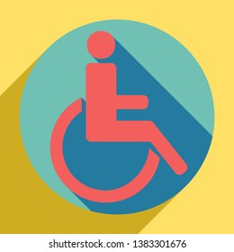 Disabled sign illustration. Sunset orange icon with llapis lazuli shadow inside medium aquamarine circle with different goldenrod shadow at royal yellow background.