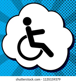 Disabled sign illustration. Vector. Black icon in bubble on blue pop-art background with rays.