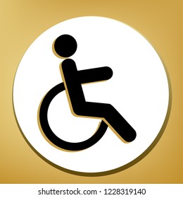 Disabled sign illustration. Vector. Black icon with light brown shadow in white circle with shaped ring at golden background.