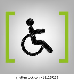 Disabled sign illustration. Vector. Black scribble icon in citron brackets on grayish background.