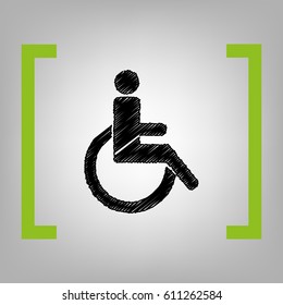 Disabled sign illustration. Vector. Black scribble icon in citron brackets on grayish background.