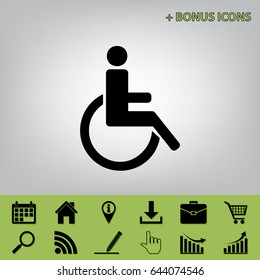 Disabled sign illustration. Vector. Black icon at gray background with bonus icons at celery ones