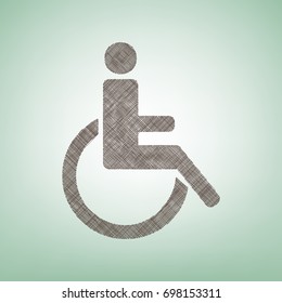 Disabled sign illustration. Vector. Brown flax icon on green background with light spot at the center.