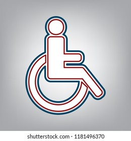 Disabled sign illustration. Vector. Dark red, transparent and midnight green stroke of white icon at grayish background.