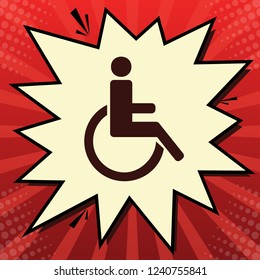 Disabled sign illustration. Vector. Dark red icon in lemon chiffon shutter bubble at red popart background with rays.