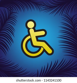 Disabled sign illustration. Vector. Golden icon with black contour at blue background with branches of palm trees.