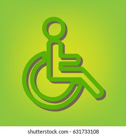 Disabled sign illustration. Vector. Green line icon with brown shadow at green-yellow background.