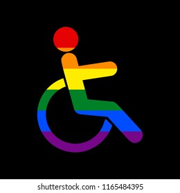 Disabled sign illustration. Vector. Icon with colors of LGBT flag at black background.