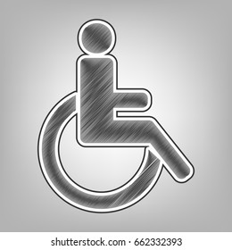 Disabled sign illustration. Vector. Pencil sketch imitation. Dark gray scribble icon with dark gray outer contour at gray background.