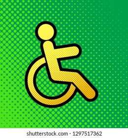Disabled sign illustration. Vector. Pop art orange to yellow dots-gradient icon with black contour at greenish background.