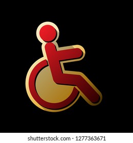 Disabled sign illustration. Vector. Red icon with small black and limitless shadows at golden sticker on black background.