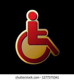 Disabled sign illustration. Vector. Red icon with small black and limitless shadows at golden sticker on black background.