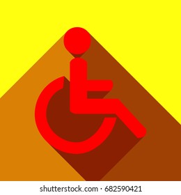 Disabled sign illustration. Vector. Red icon with two flat reddish shadows on yellow background.