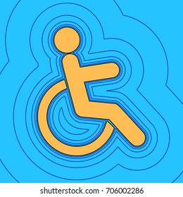 Disabled sign illustration. Vector. Sand color icon with black contour and equidistant blue contours like field at sky blue background. Like waves on map - island in ocean or sea.