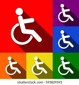 Disabled sign illustration. Vector. Set of icons with flat shadows at red, orange, yellow, green, blue and violet background.