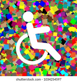 Disabled sign illustration. Vector. White icon on colorful background with seamless pattern from squares.