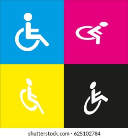 Disabled sign illustration. Vector. White icon with isometric projections on cyan, magenta, yellow and black backgrounds.