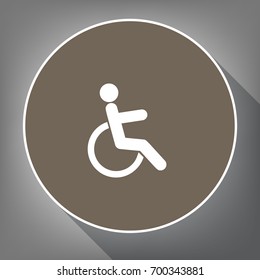 Disabled sign illustration. Vector. White icon on brown circle with white contour and long shadow at gray background. Like top view on postament.
