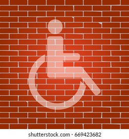 Disabled sign illustration. Vector. Whitish icon on brick wall as background.