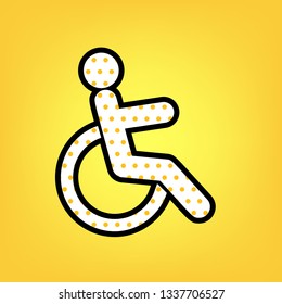 Disabled sign illustration. Vector. Yellow polka dot white icon with black contour at warm yellow background.