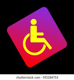 Disabled sign illustration. Vector. Yellow icon at violet-red gradient square with rounded corners rotated for dynamics on black background.