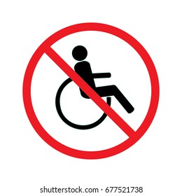 Disabled sign in red circle. Mark disability. Icon a place open passage. Symbol paralyzed and human on wheelchair. Safety person warning handicapped illustration. Design element. Vector illustration