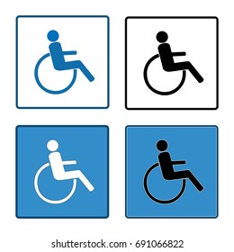 Disabled sign in square set. Mark disability. Icon a place open passage. Symbol paralyzed and human on wheelchair. Safety person warning handicapped illustration. Design element. Vector illustration