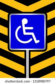 disabled signs blue colors on black and yellow stripes frame background, sign boards of disability slope path ladder way sign badge for disabled, disabled symbol signs yellow stripes boards template