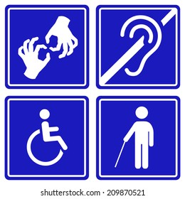 Disabled signs: deaf, blind, mute and wheelchair  icons. Vector.