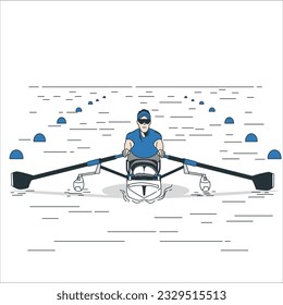 Disabled skiff rower, during the first strike of a rowing race. One athletes swim on a boat. The concept of rowing competitions. Vector illustration, cartoon style.
