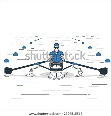Disabled skiff rower, during the first strike of a rowing race. One athletes swim on a boat. The concept of rowing competitions. Vector illustration, cartoon style.
