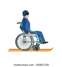 Disabled skiing isolated. Wheelchair ski running on white backgroubd
